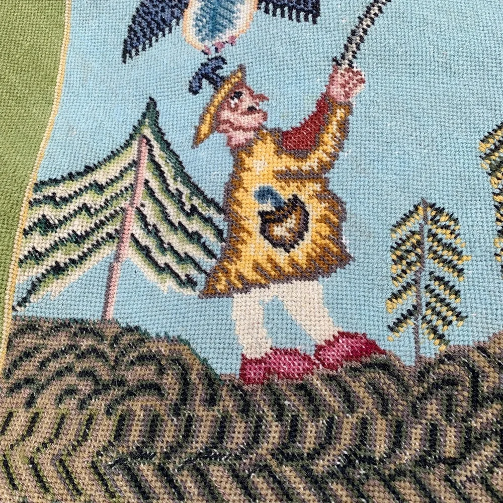 Vintage Needlepoint Colorful Bird and Hunter Tapestry